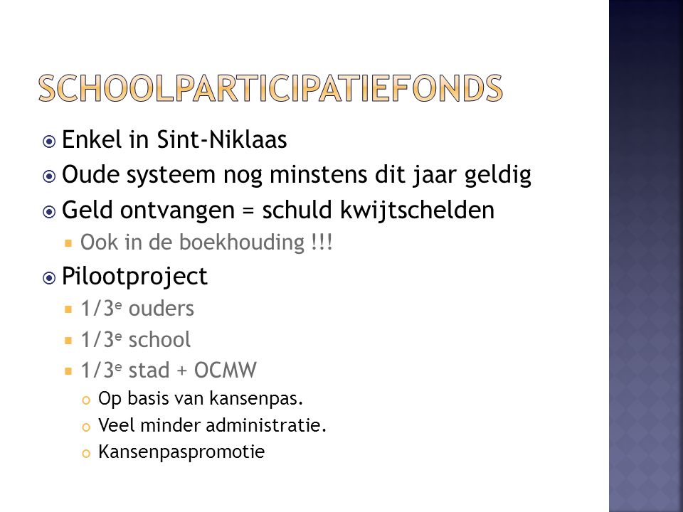  Enkel in Sint-Niklaas  Oude systeem nog minstens dit jaar geldig  Geld ontvangen = schuld kwijtschelden  Ook in de boekhouding !!.