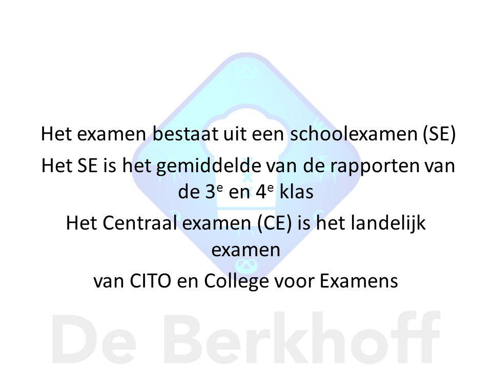 Het examen bestaat uit een schoolexamen (SE) Het SE is het gemiddelde van de rapporten van de 3 e en 4 e klas Het Centraal examen (CE) is het landelijk examen van CITO en College voor Examens