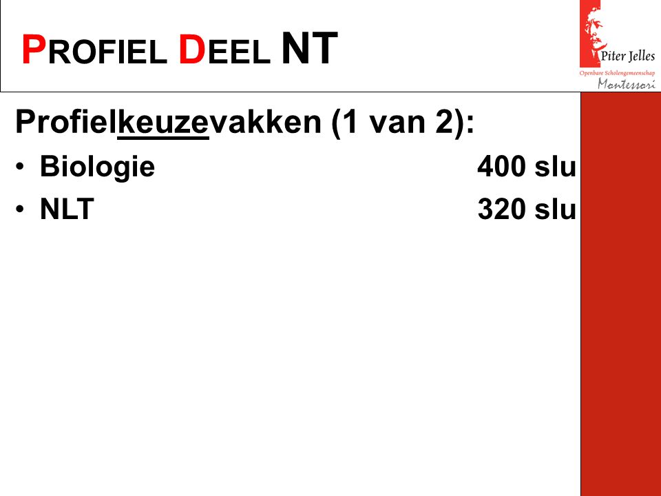 P ROFIEL D EEL NT Montessori Profielkeuzevakken (1 van 2): Biologie400 slu NLT320 slu