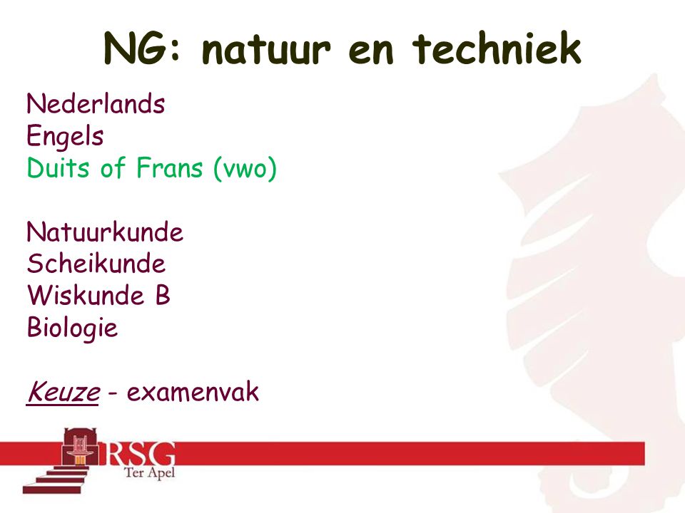 Nederlands Engels Duits of Frans (vwo) Natuurkunde Scheikunde Wiskunde B Biologie Keuze - examenvak