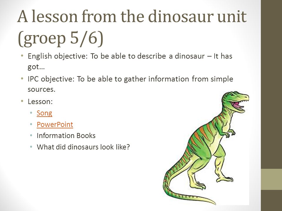 A lesson from the dinosaur unit (groep 5/6) English objective: To be able to describe a dinosaur – It has got… IPC objective: To be able to gather information from simple sources.