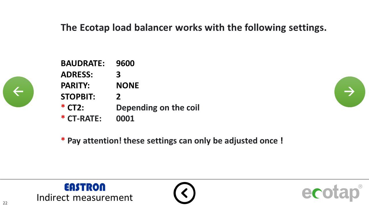  Indirect measurement 22 The Ecotap load balancer works with the following settings.