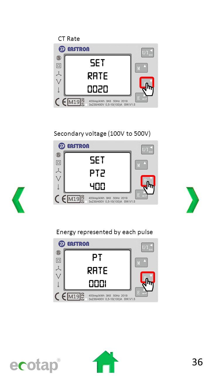 Set Rate 0020 Set Pt2 400 Pt Rate 0001 Secondary voltage (100V to 500V) Energy represented by each pulse CT Rate 36