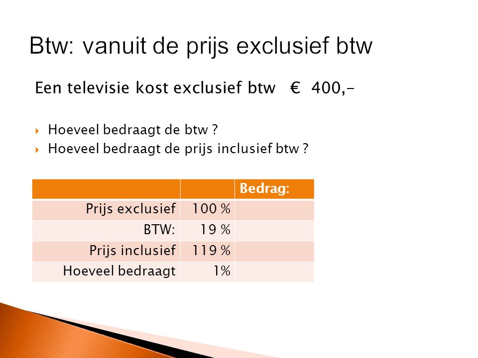 Een televisie kost exclusief btw € 400,-  Hoeveel bedraagt de btw .