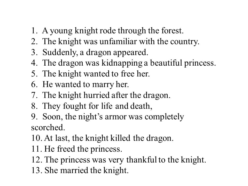 1. A young knight rode through the forest. 2. The knight was unfamiliar with the country.