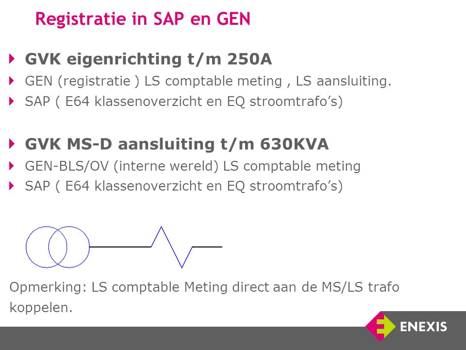 Registratie in SAP en GEN GVK eigenrichting t/m 250A GEN (registratie ) LS comptable meting, LS aansluiting.