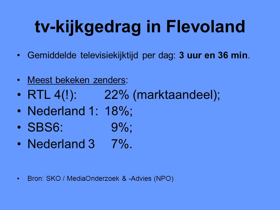 tv-kijkgedrag in Flevoland •Gemiddelde televisiekijktijd per dag: 3 uur en 36 min.