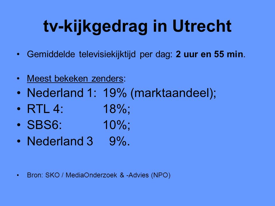 tv-kijkgedrag in Utrecht •Gemiddelde televisiekijktijd per dag: 2 uur en 55 min.