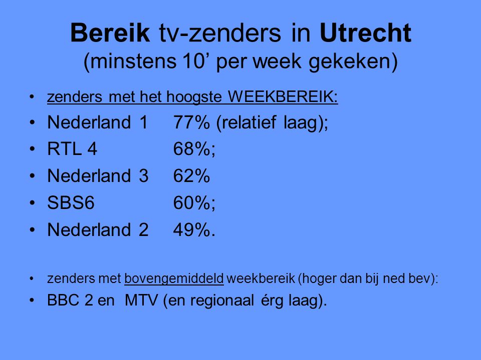 Bereik tv-zenders in Utrecht (minstens 10’ per week gekeken) •zenders met het hoogste WEEKBEREIK: •Nederland 177% (relatief laag); •RTL 468%; •Nederland 362% •SBS660%; •Nederland 249%.