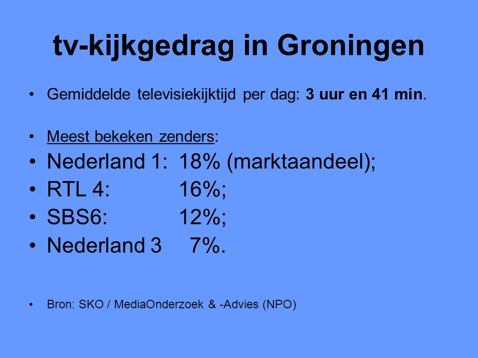tv-kijkgedrag in Groningen •Gemiddelde televisiekijktijd per dag: 3 uur en 41 min.