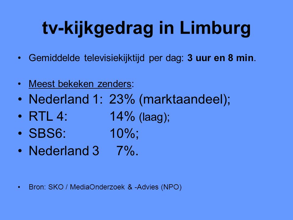tv-kijkgedrag in Limburg •Gemiddelde televisiekijktijd per dag: 3 uur en 8 min.