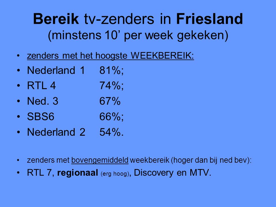 Bereik tv-zenders in Friesland (minstens 10’ per week gekeken) •zenders met het hoogste WEEKBEREIK: •Nederland 181%; •RTL 474%; •Ned.