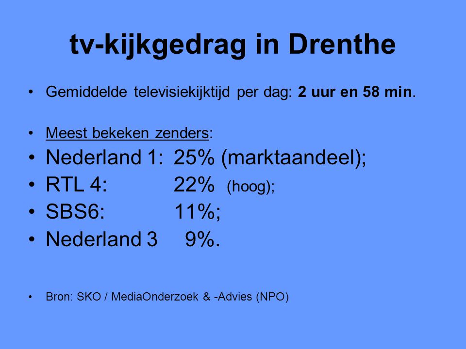 tv-kijkgedrag in Drenthe •Gemiddelde televisiekijktijd per dag: 2 uur en 58 min.