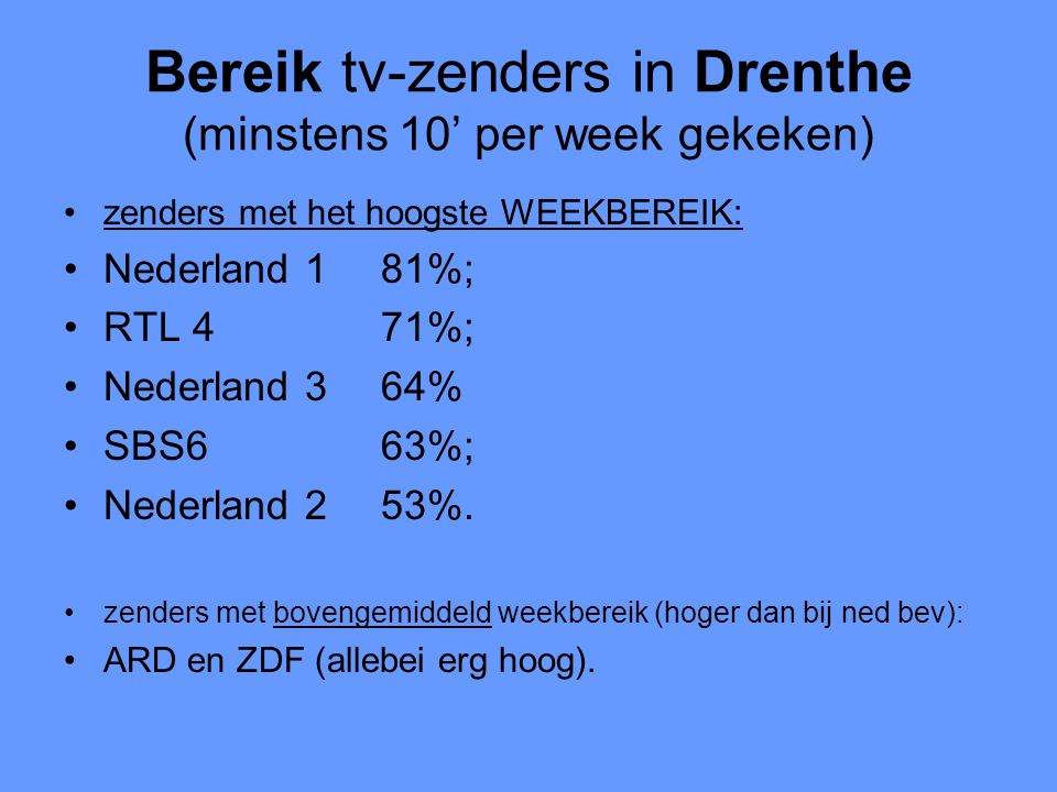 Bereik tv-zenders in Drenthe (minstens 10’ per week gekeken) •zenders met het hoogste WEEKBEREIK: •Nederland 181%; •RTL 471%; •Nederland 364% •SBS663%; •Nederland 253%.