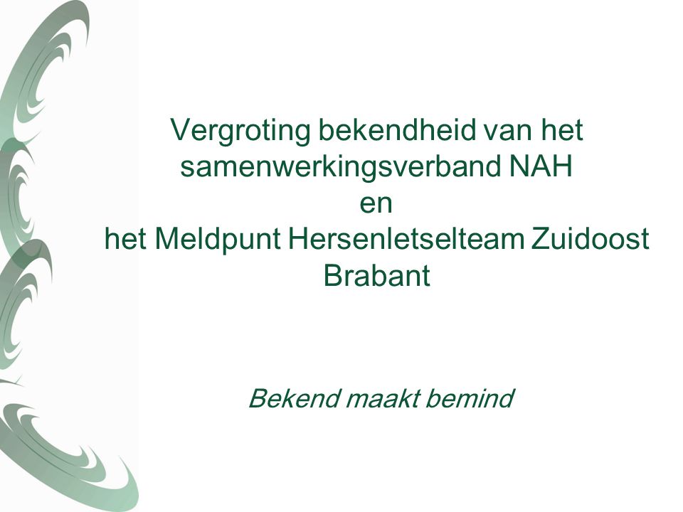 Vergroting bekendheid van het samenwerkingsverband NAH en het Meldpunt Hersenletselteam Zuidoost Brabant Bekend maakt bemind