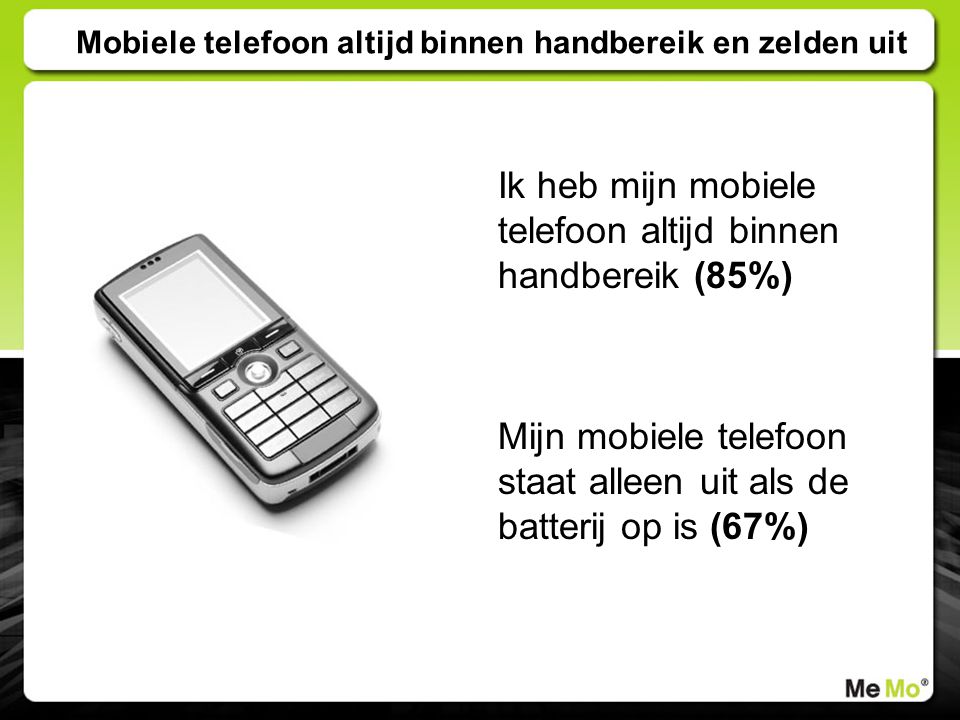 Mobiele telefoon altijd binnen handbereik en zelden uit Ik heb mijn mobiele telefoon altijd binnen handbereik (85%) Mijn mobiele telefoon staat alleen uit als de batterij op is (67%)