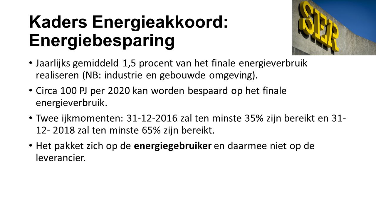 Kaders Energieakkoord: Energiebesparing • Jaarlijks gemiddeld 1,5 procent van het finale energieverbruik realiseren (NB: industrie en gebouwde omgeving).