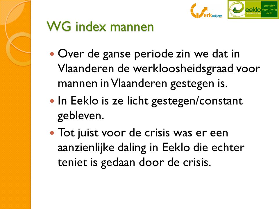 WG index mannen  Over de ganse periode zin we dat in Vlaanderen de werkloosheidsgraad voor mannen in Vlaanderen gestegen is.