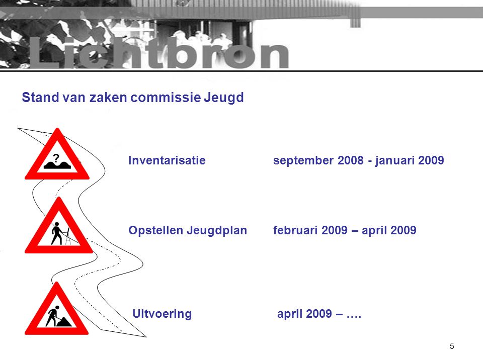 5 Stand van zaken commissie Jeugd Opstellen Jeugdplanfebruari 2009 – april 2009 Uitvoeringapril 2009 – ….