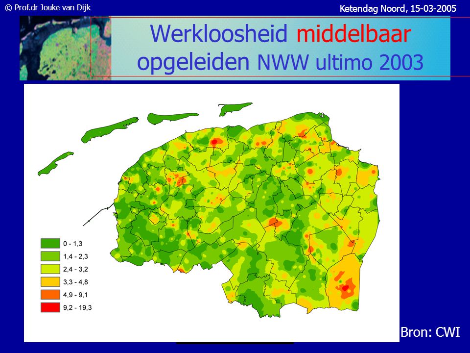 © Prof.dr Jouke van Dijk Ketendag Noord, Groei werkloosheid (NWW) dec.03–dec.04 • Werkloosheid groeit 1,2% in het Noorden en dat is langzamer dan landelijk 2% • Grn.