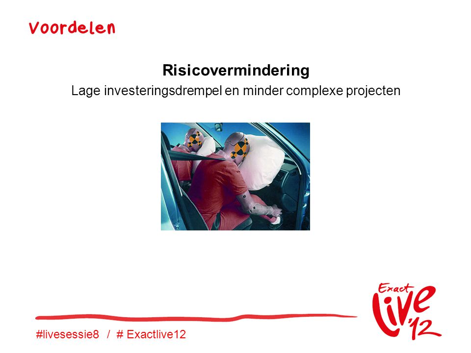 #livesessie8 / # Exactlive12 Voordelen Risicovermindering Lage investeringsdrempel en minder complexe projecten