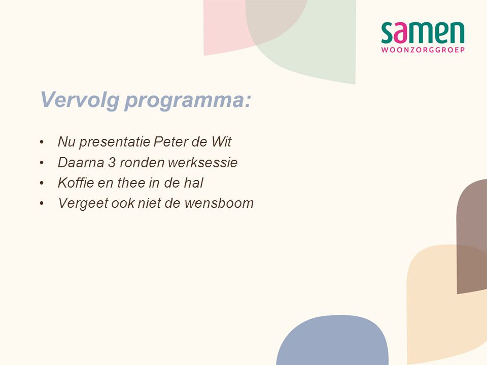 Vervolg programma: •Nu presentatie Peter de Wit •Daarna 3 ronden werksessie •Koffie en thee in de hal •Vergeet ook niet de wensboom