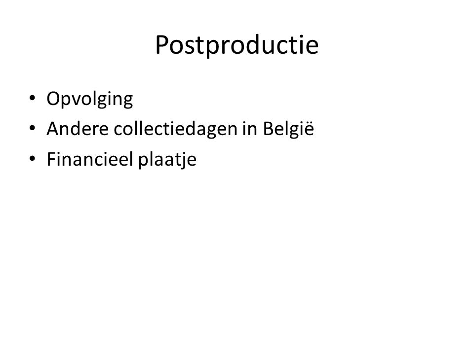 Postproductie • Opvolging • Andere collectiedagen in België • Financieel plaatje