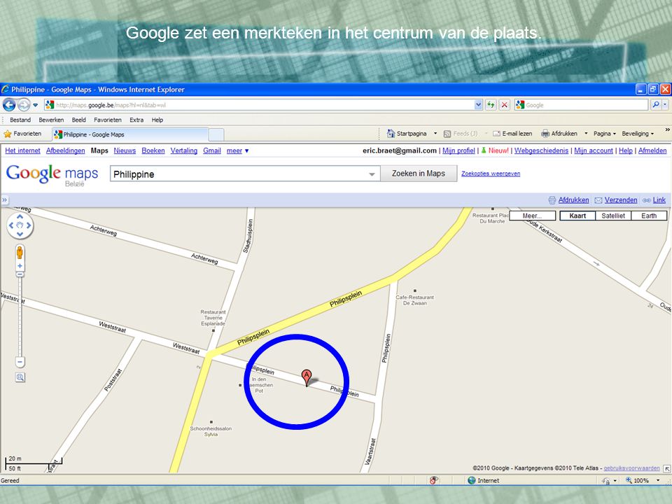 Google zet een merkteken in het centrum van de plaats.