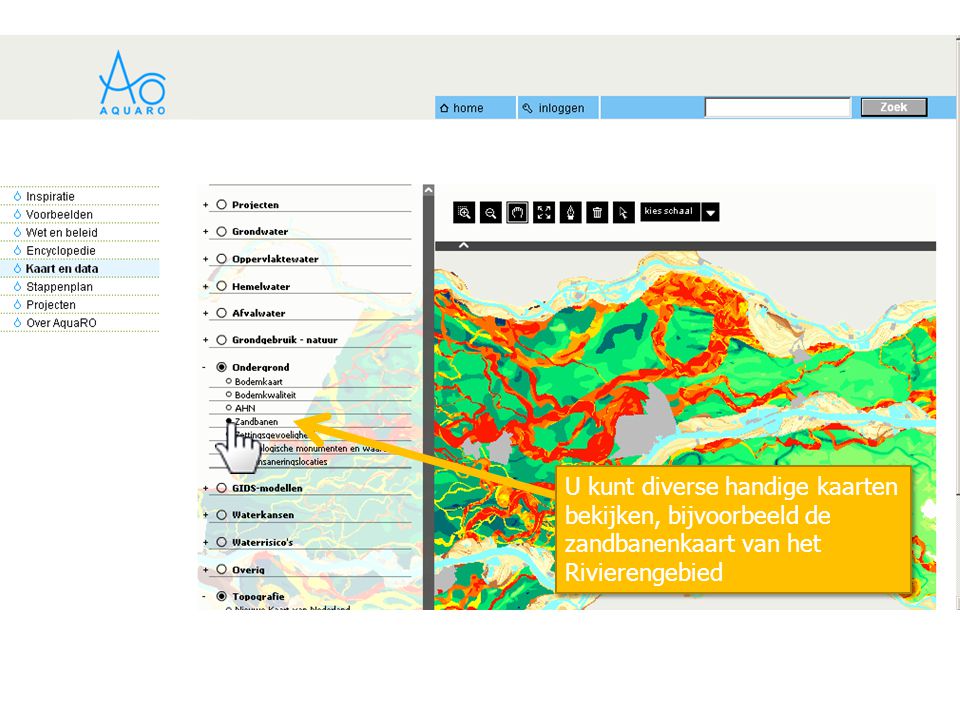 U kunt diverse handige kaarten bekijken, bijvoorbeeld de zandbanenkaart van het Rivierengebied