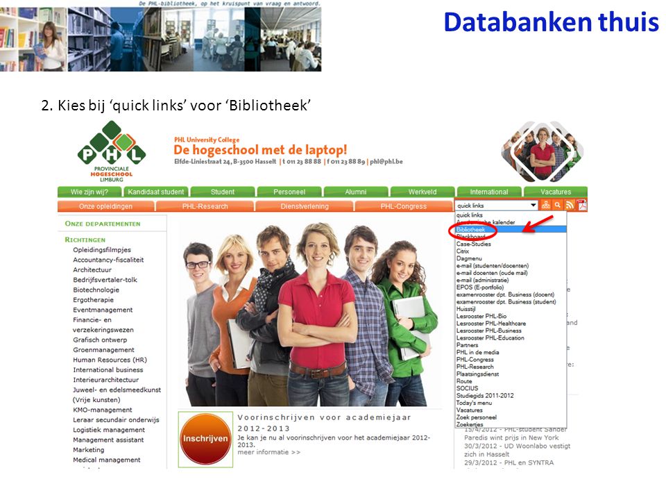 2. Kies bij ‘quick links’ voor ‘Bibliotheek’ Databanken thuis