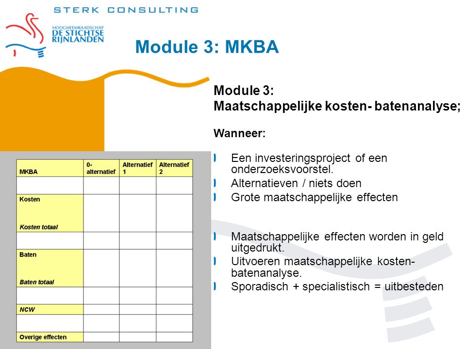 Module 3: MKBA Module 3: Maatschappelijke kosten- batenanalyse; Wanneer: Een investeringsproject of een onderzoeksvoorstel.