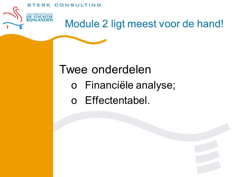 Twee onderdelen oFinanciële analyse; oEffectentabel. Module 2 ligt meest voor de hand!