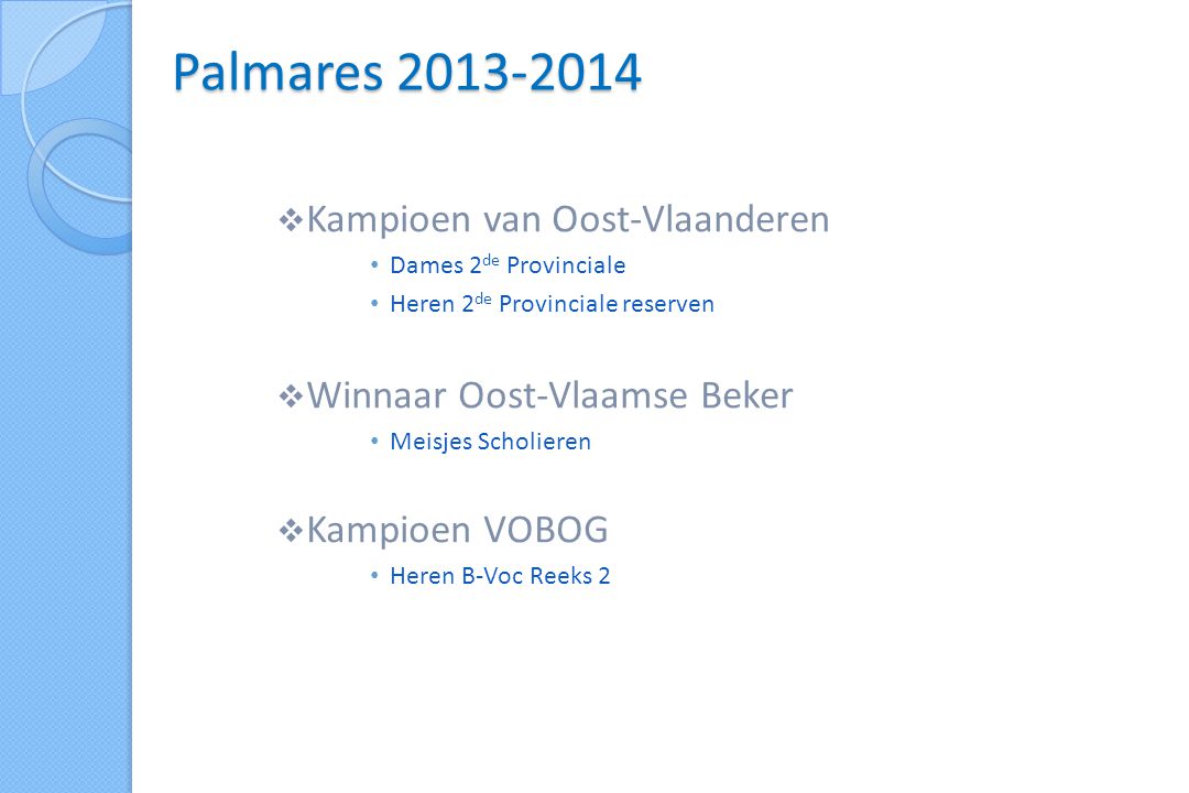  Kampioen van Oost-Vlaanderen • Dames 2 de Provinciale • Heren 2 de Provinciale reserven  Winnaar Oost-Vlaamse Beker • Meisjes Scholieren  Kampioen VOBOG • Heren B-Voc Reeks 2 Palmares