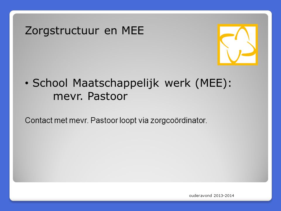 ouderavond Zorgstructuur en MEE • School Maatschappelijk werk (MEE): mevr.