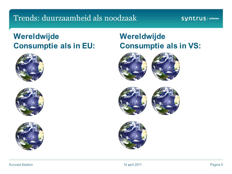 Trends: duurzaamheid als noodzaak Wereldwijde Consumptie als in EU: Wereldwijde Consumptie als in VS: 14 april 2011Kyocera StadionPagina 9