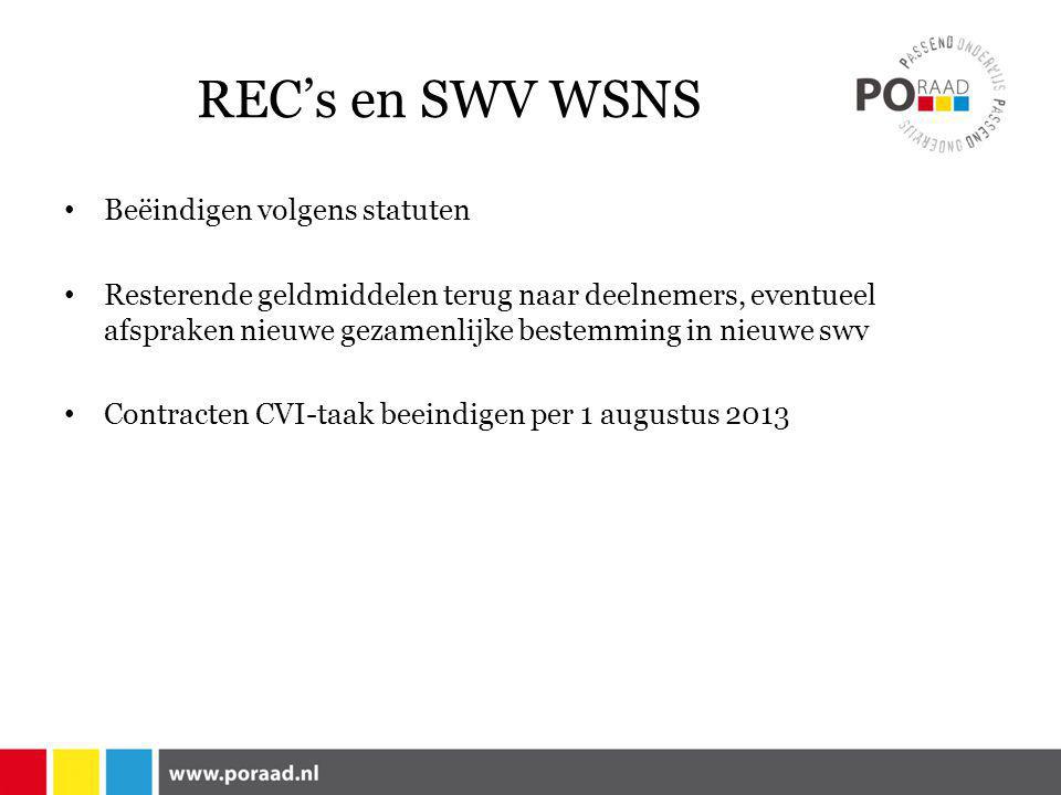 REC’s en SWV WSNS • Beëindigen volgens statuten • Resterende geldmiddelen terug naar deelnemers, eventueel afspraken nieuwe gezamenlijke bestemming in nieuwe swv • Contracten CVI-taak beeindigen per 1 augustus 2013