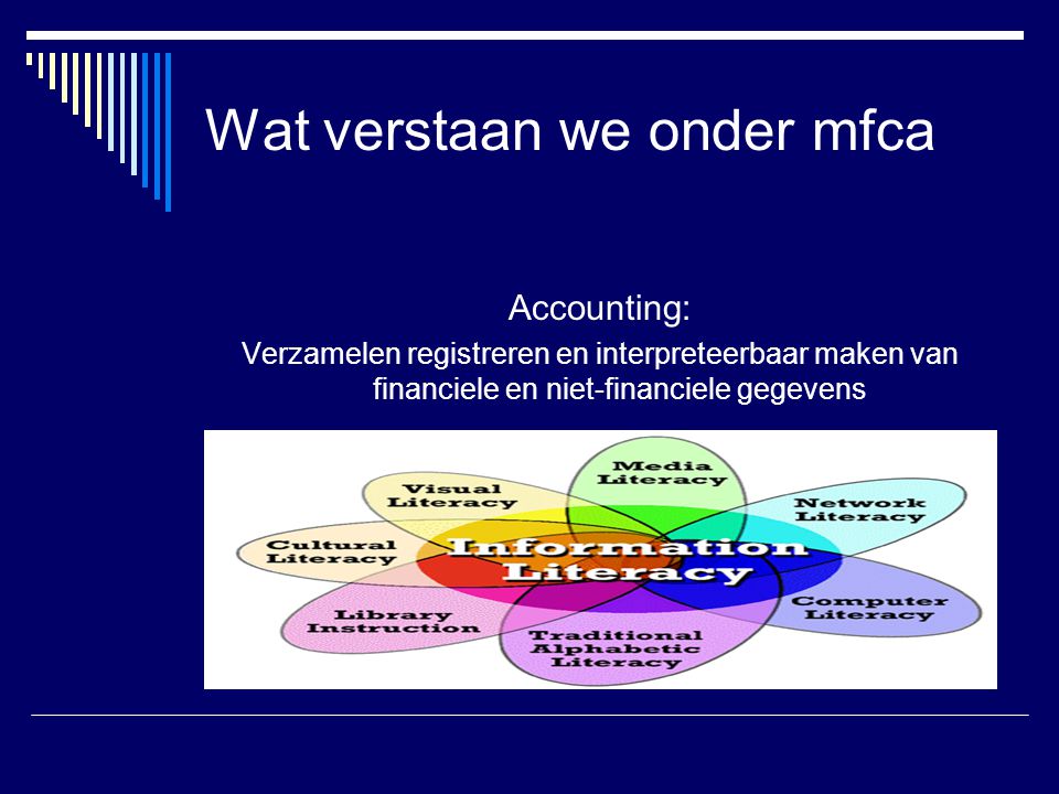 Wat verstaan we onder mfca Accounting: Verzamelen registreren en interpreteerbaar maken van financiele en niet-financiele gegevens