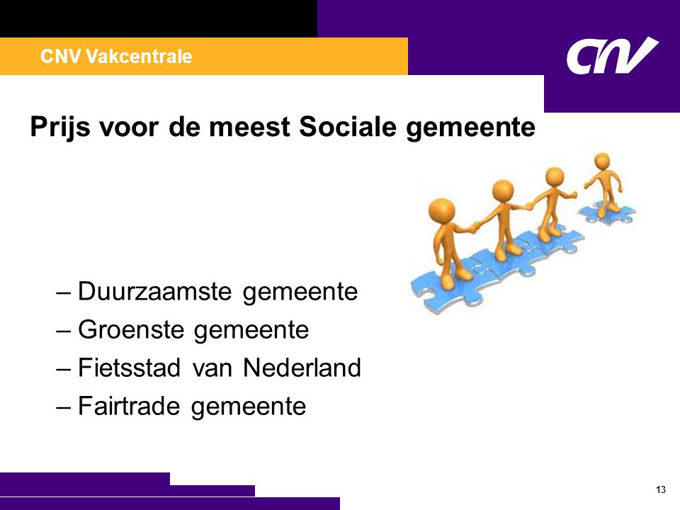 CNV Vakcentrale Prijs voor de meest Sociale gemeente –Duurzaamste gemeente –Groenste gemeente –Fietsstad van Nederland –Fairtrade gemeente 13