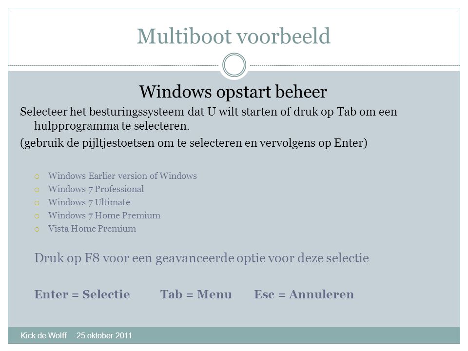 Multiboot voorbeeld Kick de Wolff 25 oktober 2011 Windows opstart beheer Selecteer het besturingssysteem dat U wilt starten of druk op Tab om een hulpprogramma te selecteren.