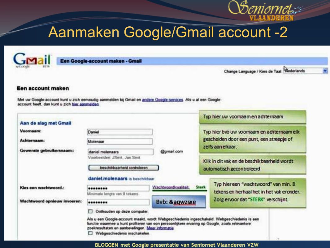Aanmaken Google/Gmail account -2 BLOGGEN met Google presentatie van Seniornet Vlaanderen VZW