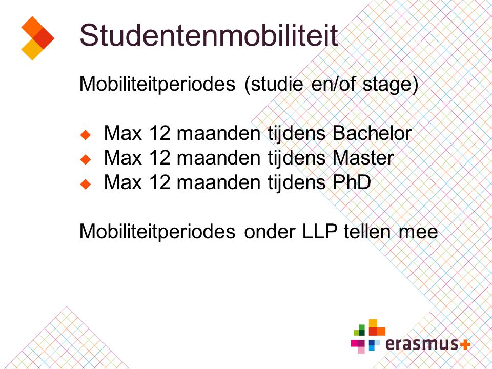 Studentenmobiliteit Mobiliteitperiodes (studie en/of stage)  Max 12 maanden tijdens Bachelor  Max 12 maanden tijdens Master  Max 12 maanden tijdens PhD Mobiliteitperiodes onder LLP tellen mee