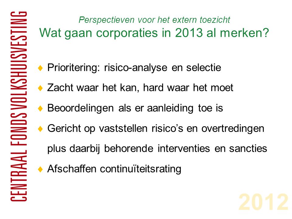 Perspectieven voor het extern toezicht Wat gaan corporaties in 2013 al merken.