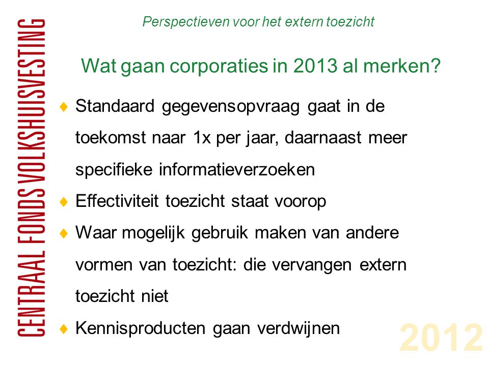 Perspectieven voor het extern toezicht Wat gaan corporaties in 2013 al merken.