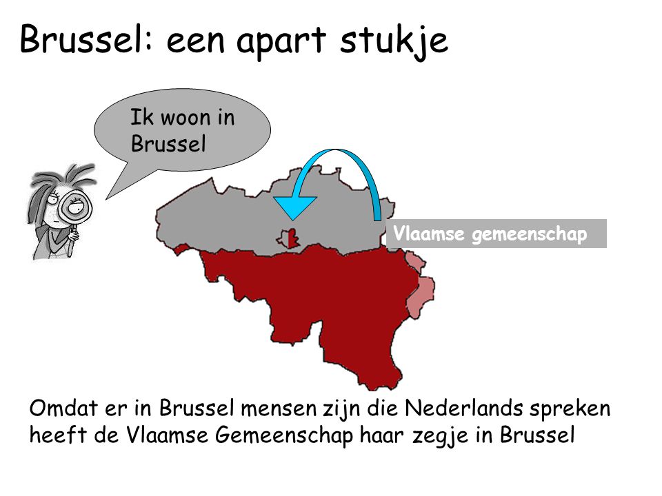 Ik woon in Brussel Vlaamse gemeenschap Omdat er in Brussel mensen zijn die Nederlands spreken heeft de Vlaamse Gemeenschap haar zegje in Brussel Brussel: een apart stukje