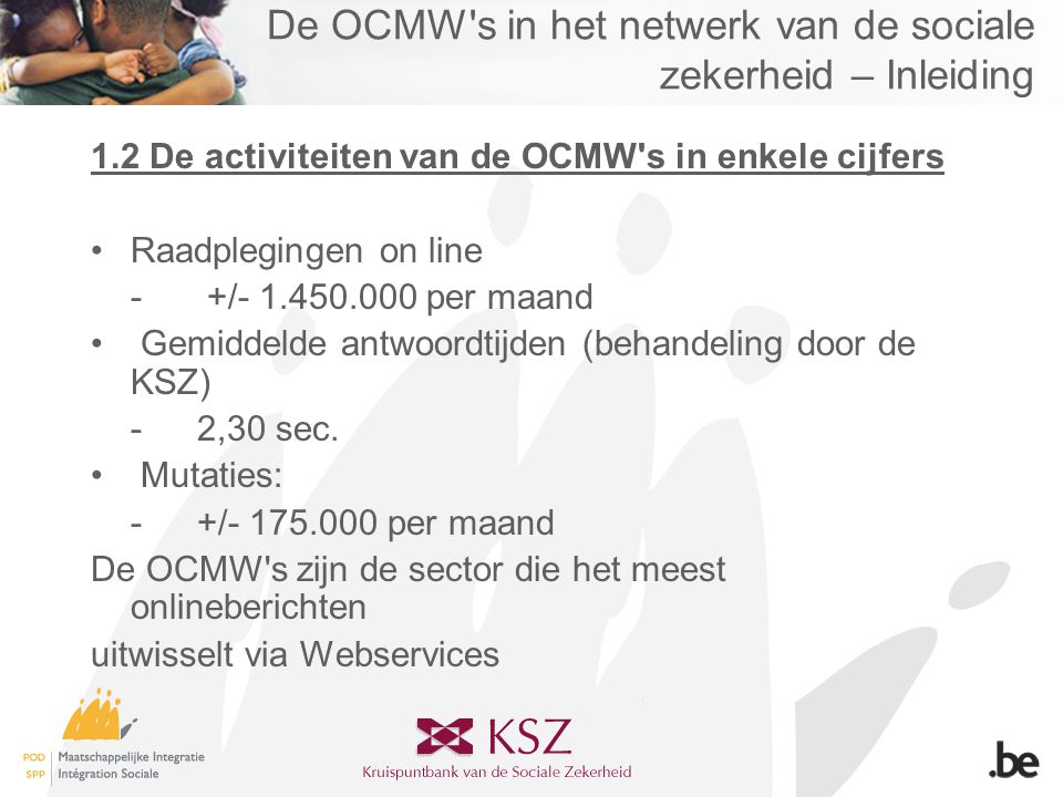 De OCMW s in het netwerk van de sociale zekerheid – Inleiding 1.2 De activiteiten van de OCMW s in enkele cijfers •Raadplegingen on line - +/ per maand • Gemiddelde antwoordtijden (behandeling door de KSZ) -2,30 sec.