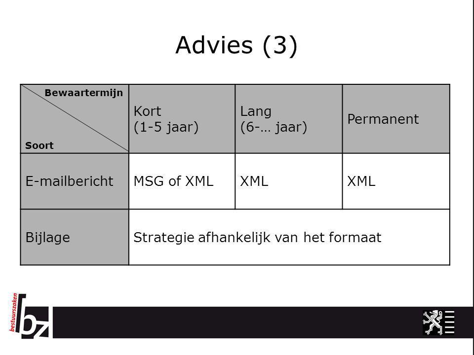 Advies (3) Bewaartermijn Soort Kort (1-5 jaar) Lang (6-… jaar) Permanent  berichtMSG of XMLXML BijlageStrategie afhankelijk van het formaat