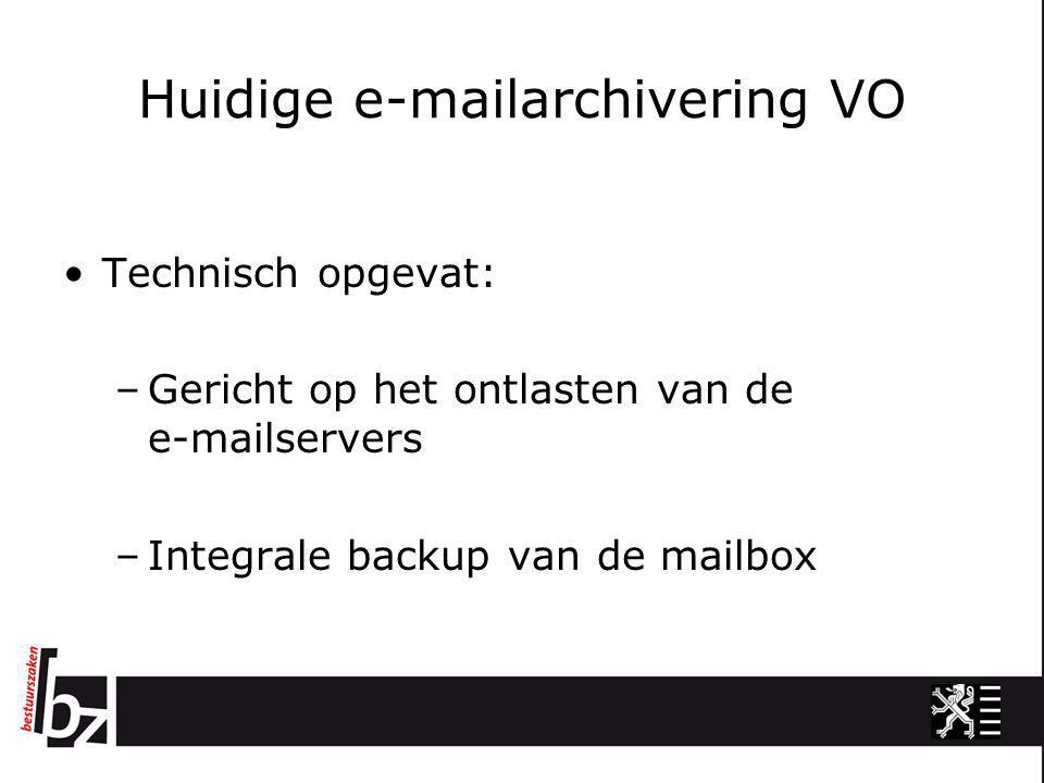 Huidige  archivering VO •Technisch opgevat: –Gericht op het ontlasten van de  servers –Integrale backup van de mailbox