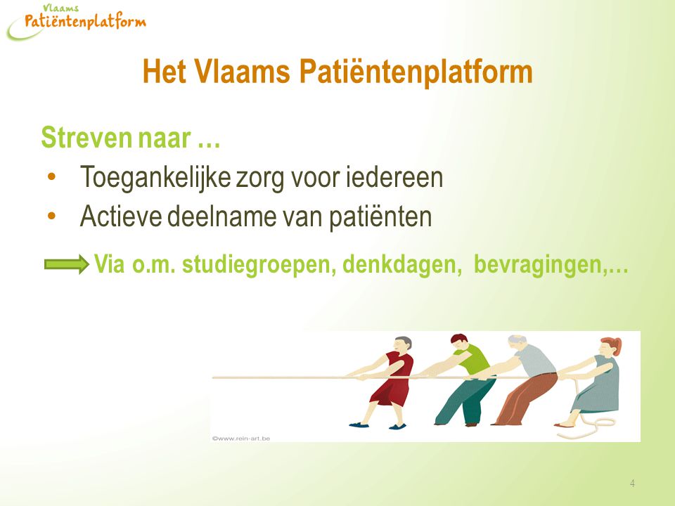 Het Vlaams Patiëntenplatform Streven naar … • Toegankelijke zorg voor iedereen • Actieve deelname van patiënten Via o.m.