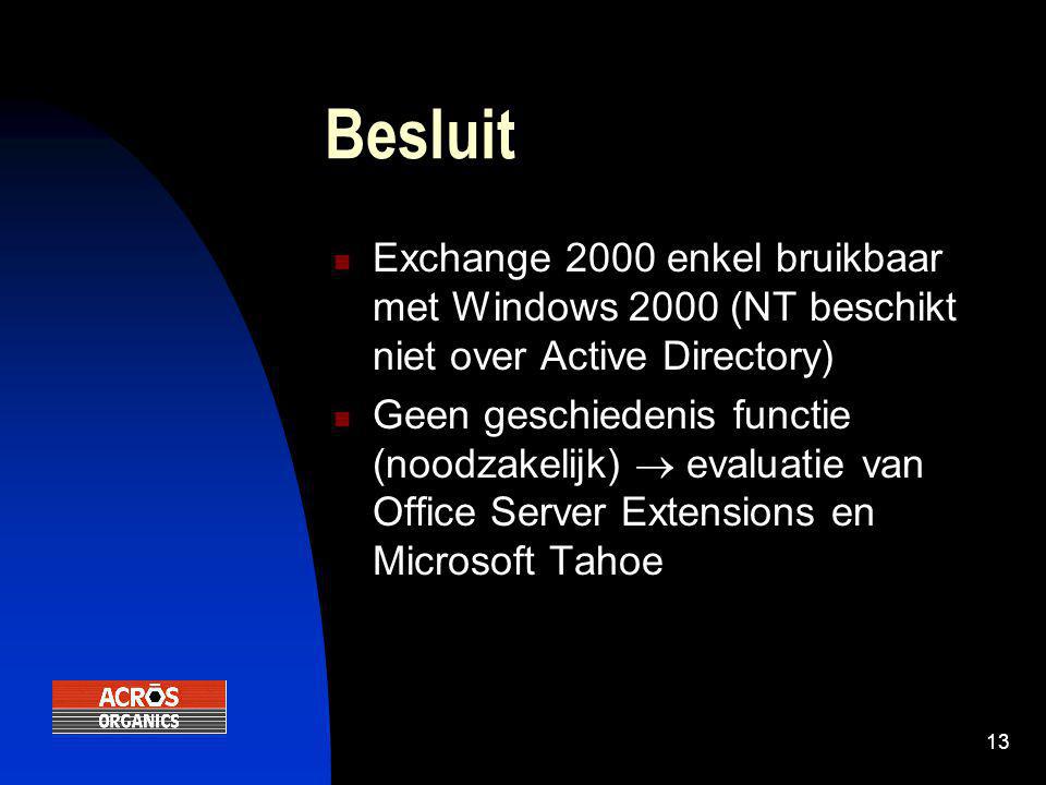 13 Besluit  Exchange 2000 enkel bruikbaar met Windows 2000 (NT beschikt niet over Active Directory)  Geen geschiedenis functie (noodzakelijk)  evaluatie van Office Server Extensions en Microsoft Tahoe