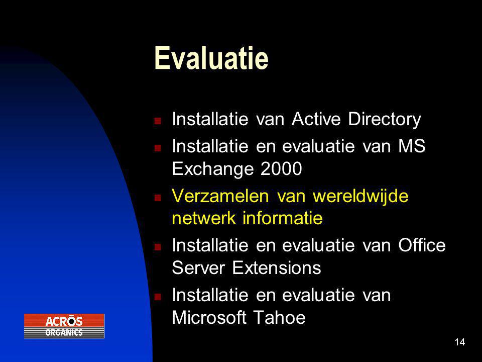 14 Evaluatie  Installatie van Active Directory  Installatie en evaluatie van MS Exchange 2000  Verzamelen van wereldwijde netwerk informatie  Installatie en evaluatie van Office Server Extensions  Installatie en evaluatie van Microsoft Tahoe
